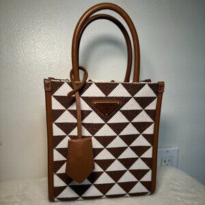 Prada Brown/White Triangle Print Canvas & Leather Square Top Handle Mini Tote Ba